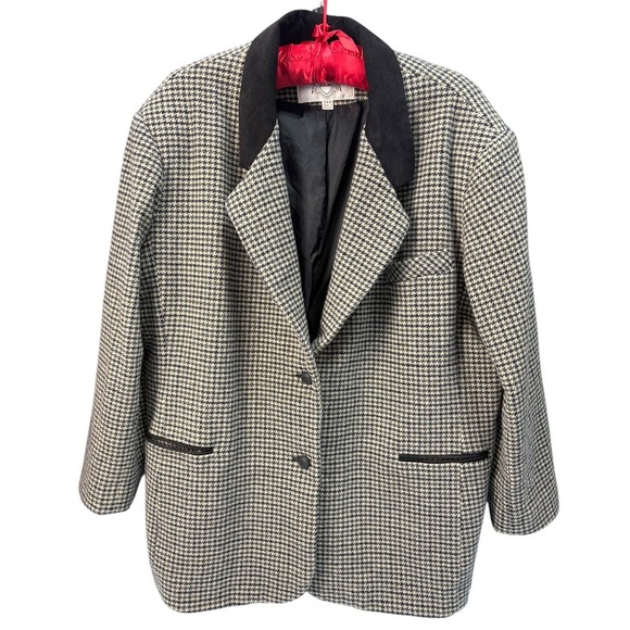 RZR Jackets & Blazers - Vintage RZR Leather Wool Houndstooth Blazer Jacket Womens 24W Leather Trim EUC